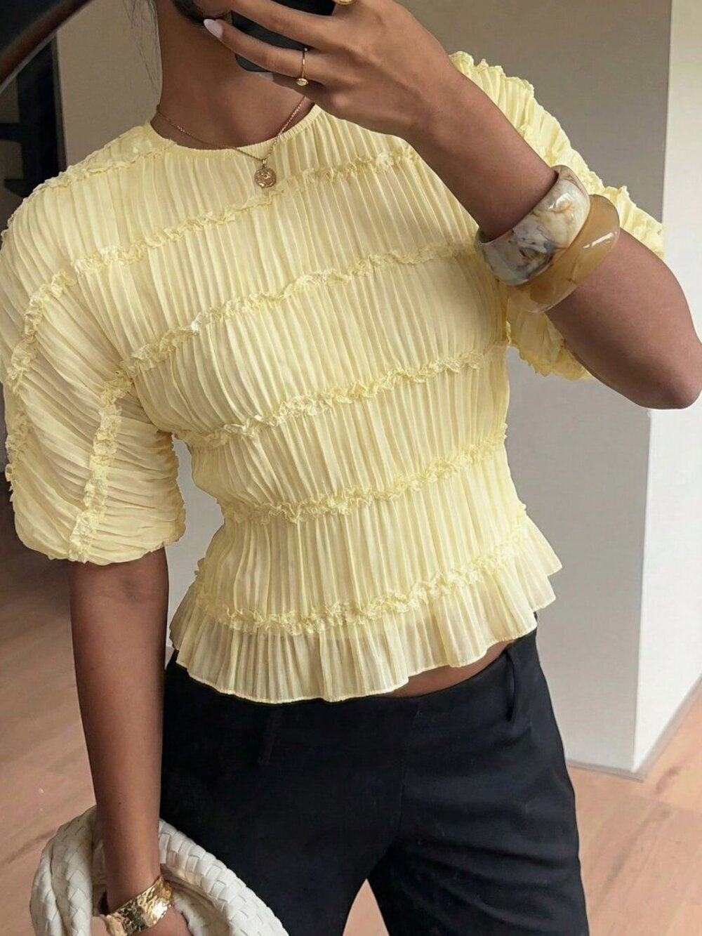 Light Yellow Casual Women's Pale Elegent Lace Ruffle Crew Neck Blouse